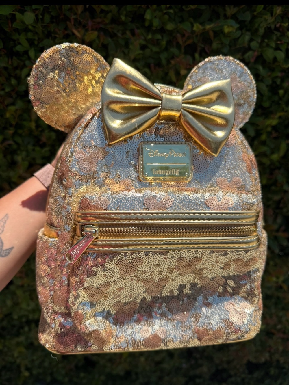 Loungefly Gold Sequin Minnie Ear Mini Backpack with Metallic Bow